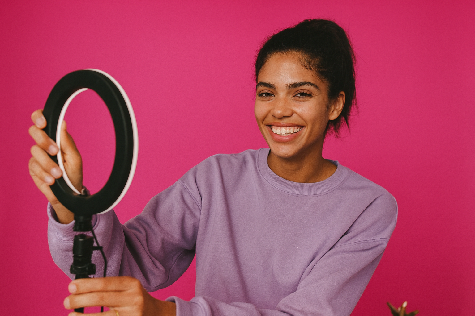 Mira de rabo de cavalo ajustando uma ring light no estúdio caseiro, fundo pink