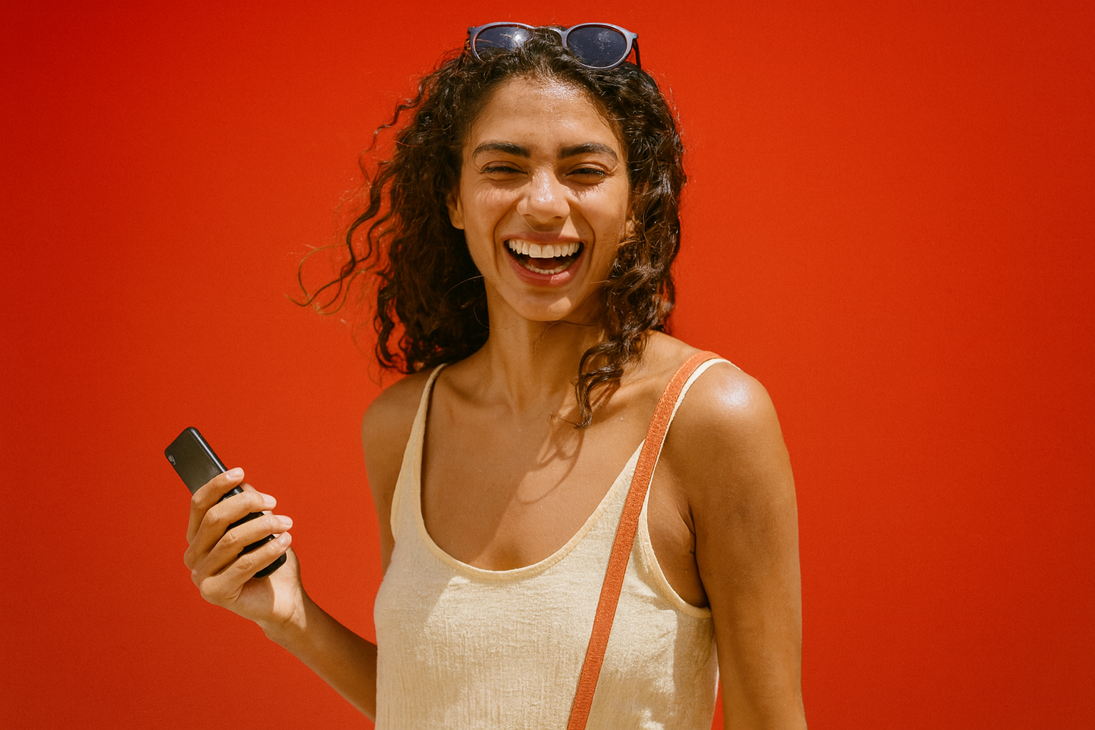 Mira rindo numa rua ensolarada com óculos na cabeça e celular na mão, fundo vermelho