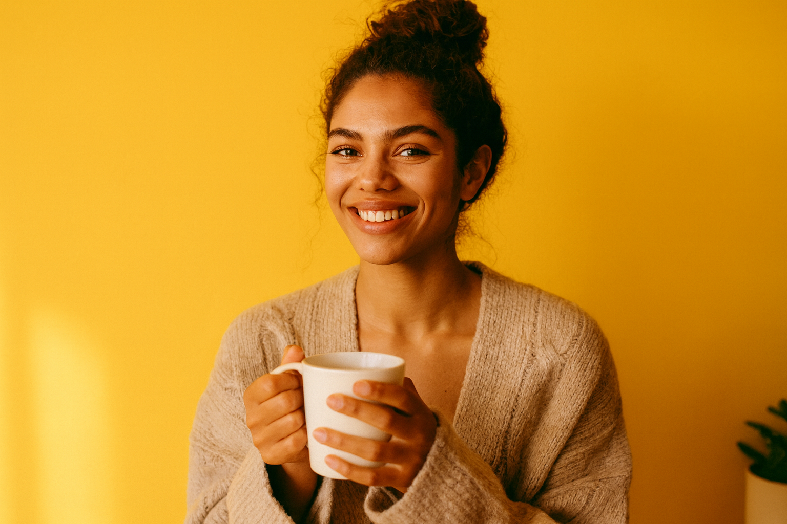 Mira de coque e cardigã segurando uma caneca de café numa manhã em casa, fundo amarelo